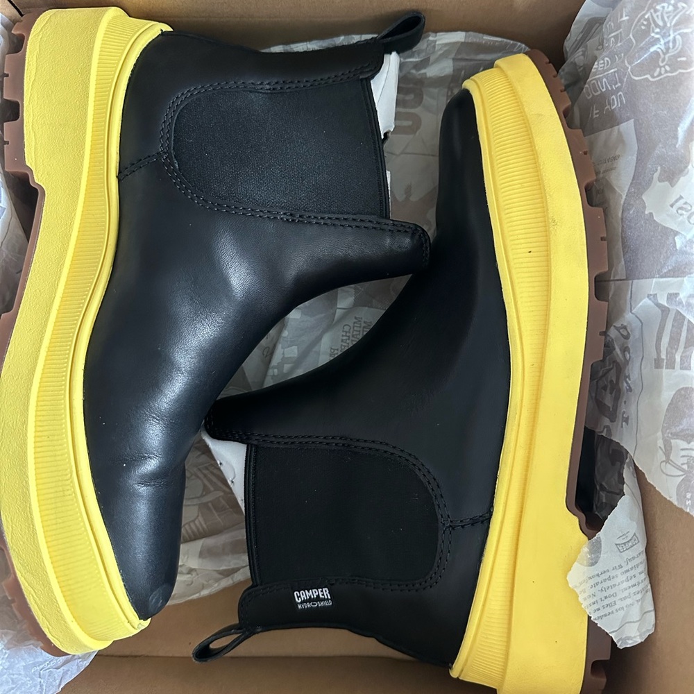 Camper Black Waterproof Boots (rain boots) with Yellow Soles